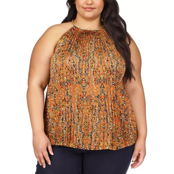 Michael Kors Women's Plus Size Pleated Printed Chain-Neck Top  Blouse Brown 3X - Picture 4 of 11